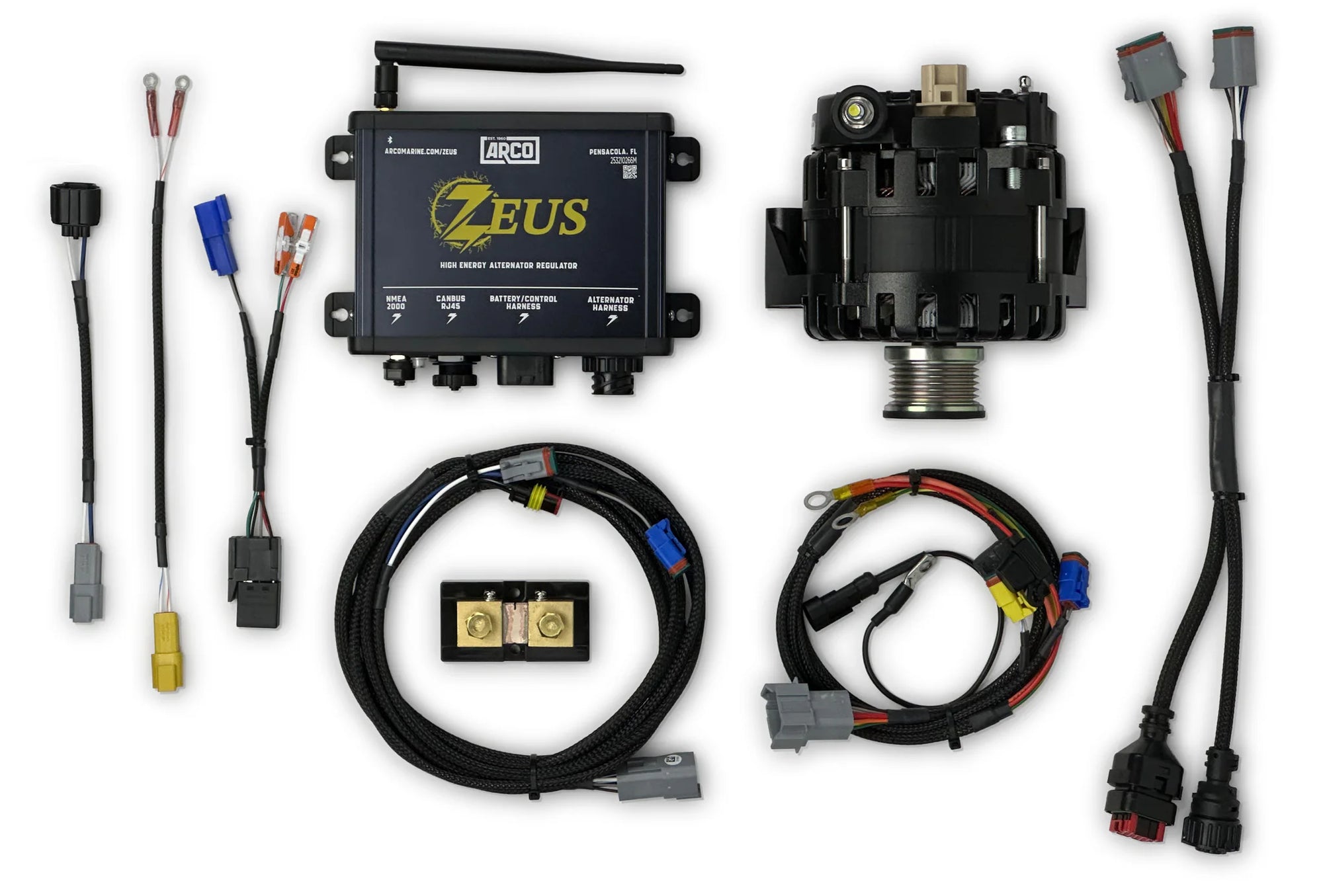 ARCO Alternator and ARCO Zeus Regulator with custom wire harnesses on a white background